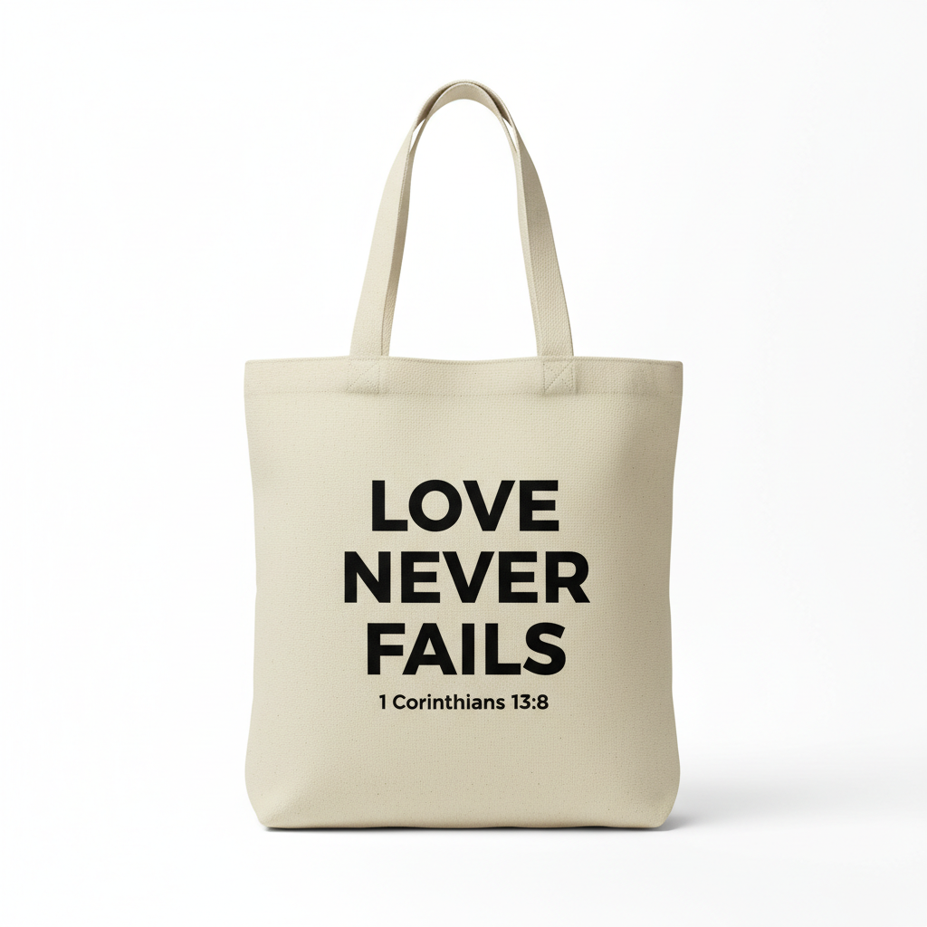 Tote bag beige Love Never Fails avec verset 1 Corinthiens 13:8