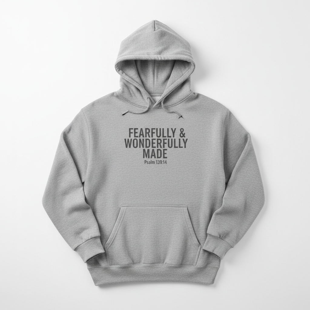 Hoodie gris Fearfully & Wonderfully Made avec verset Psaume 139:14