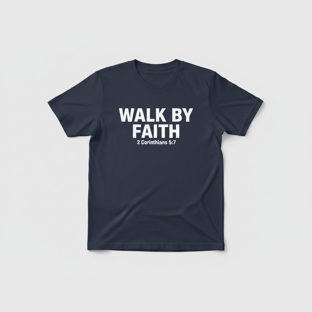 T-Shirt bleu marine Walk By Faith avec verset 2 Corinthiens 5:7