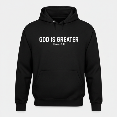 Hoodie noir God Is Greater avec verset Romains 8:31